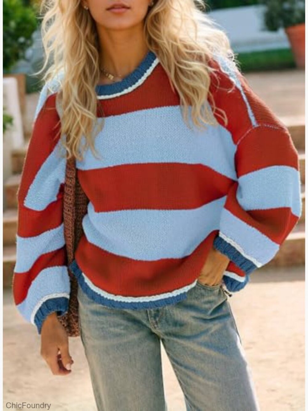 Chunky Knit Striped Sweater Oversized Pullover Long Sleeve Crew Neck - Picture 6 of 7